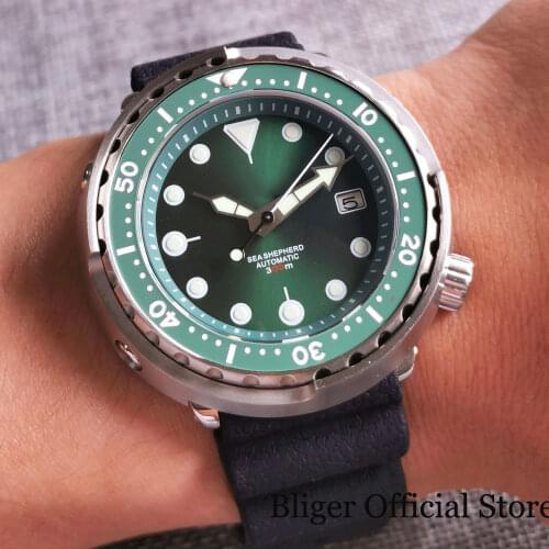 BLIGER Luxury Fashion NH35A Diver Automatic Men Watch Light Green Dial Luminous Marks 46.5mm Brushed Can Case