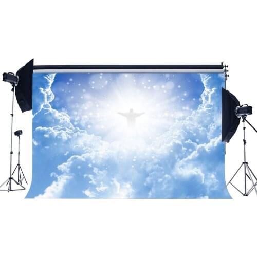 Photography Backdrop Jesus Holy Lights Blue Sky White Heaven Bokeh Halo Glitter Sequin Backdrops Lover Portraits Background