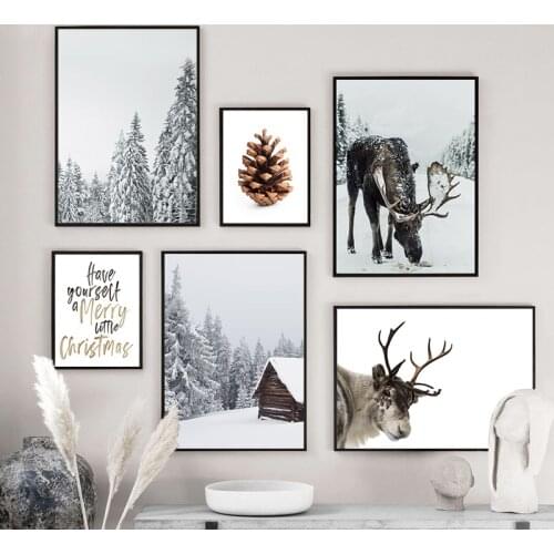 Scandinavian Poster Winter Forest Moose Christmas Pine cone Nordic Style Wall Art Canvas Painting Decoration Picture Living Room