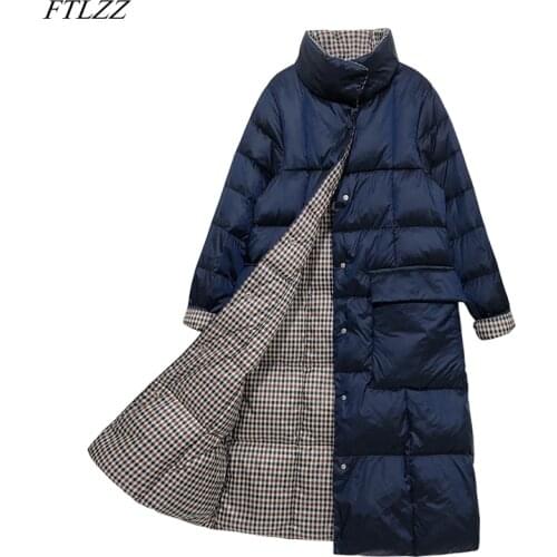 FTLZZ Women Winter 2021 New Double Sided Down Jackets Stand Collar White Duck Down Coat Female Light Long Parkas Snow Overcoat