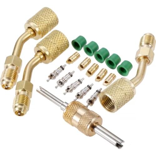 R410A Adapter kits w/ Valve Core Remover Gaskets Thimbles 5V1Valve Cores, R134a Hose Rubber, 5/16" Female to 1/4" Male