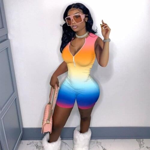 Summer Skinny Short Playsuit Women Printed Sleeveless Sexy Bodycon Jumpsuit Sports Casual One Piece Overalls for Women Fitness