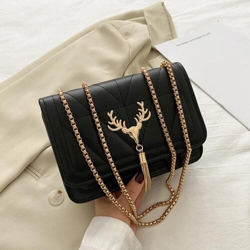 Fashion Lattice Pattern Messenger Bag Women PU Leather Antler Tassel Elegant Chain Shoulder Handbag Female Daily Bag