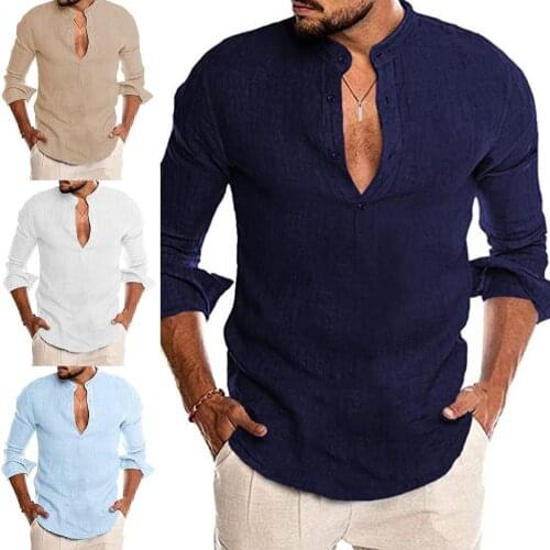 40%HOTLong Sleeve Beach Shirt V Neck Men Solid Color SlimS1 FitS1 Casual Shirt Pullover Top