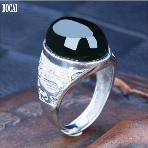 New Genuine natural ink sapphire ring for man s925 silver inlaid 13 * 18mm black stone dragon mens silver rings