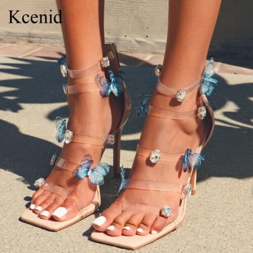 Kcenid New Sexy Sandals Women 2021 Fashion Square Toe High Heels Shoes Transparent PVC Pumps Big Crystal Butterfly Design Sandal