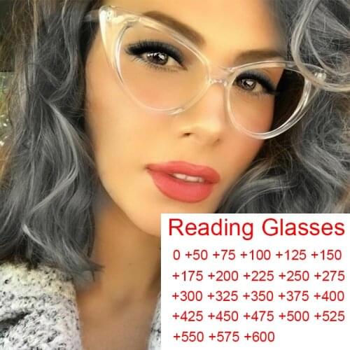 Reay-Made Transparent Cat Eye Frame Reading Glasses Clear Lenses Blue Light Filter Computer Vintage Women‘s Corrective Glasses