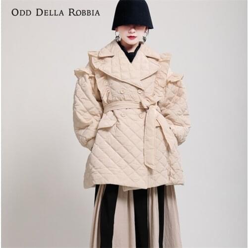 OddDellaRobbia Winter New Vintage Wood Ears Mid-Length Padded Coat Loose Lapel Double-Breasted Belt Padded Jacket Women 1908