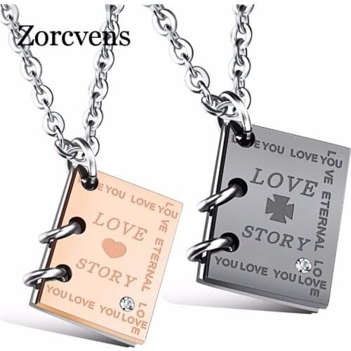 Modyle Romantic "Love Story" Book Pendant Couple Necklace Black Gold-Color Stainless Steel Necklace for Men and Women Jewelry