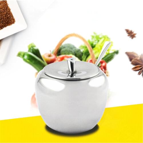 Stainless Steel Apple Sugar Bowl Seasoning Jar Condiment Pot Spice Container Canister Cruet with Lid and Spoon