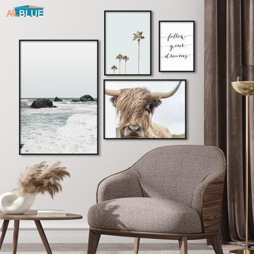 Nordic Tropical Coast Landscape Canvas Poster And Print Quote Dreams Highland Cattle Wall Art Decoration Picture For Living Room