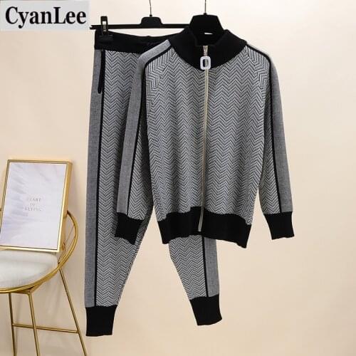 Cyanlee Fall Winter Tracksuit Woman Color Patchwork Turtleneck Zipper Knitted Cardigans+Pants Sets Long Sleeve Knit Tops Trouser