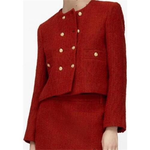 ZXQJ Women 2021 Fashion Double Breasted Tweed Cropped Jacket Coat Vintage Long Sleeve Female Outerwear Chic Tops