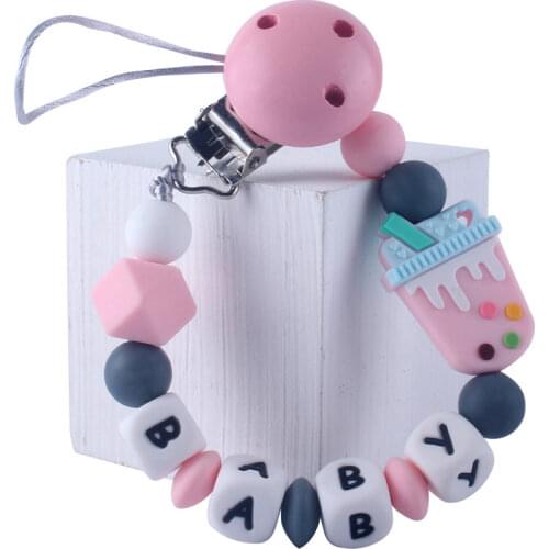1Pcs Silicone Baby Pacifier Chain Wood Clip Silicone Beads Milk Tea Cup Teether Anti-lost Chain Clip
