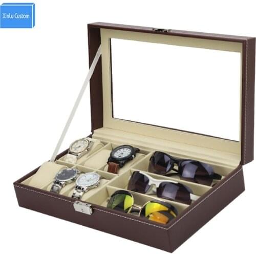 2017 new design brown leather watch box case for sunglasses&watches exhibitor storage display sungalsses collect organizador