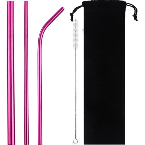5-Pcs Metal Reusable Straw Colorful Pink Eco-Friendly Drinking Straws Set 304 Stainless Steel Straw Set with Brush Pouch Bag