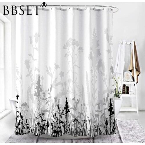 Flower Shower Curtain Leave Plants Backdrop with Floral White Black Pattern Waterproof Multi-size Cortina De Bano Bathroom Decor