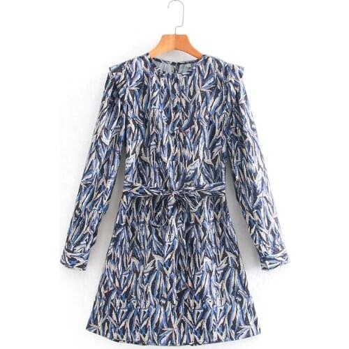 Ladies Printed Dress Noble Party Dress with Waist Tie Decoration Female Long Sleeve Straight Dress
