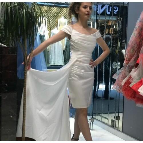 Elegant Short Satin Off Shoulder Bodycon Prom Dresses Ivory Zipper Back Pleated Robe De Soiree Tea Length Formal Party Gown