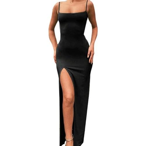 K3NF Women Sexy Spaghetti Strap Off Shoulder Bodycon Maxi Long Dress Solid Color Side High Split Sleeveless Evening Cocktail