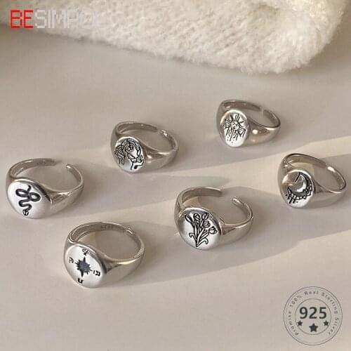 Besimpol Fashion Carved 925 Sterling Silver Rings Western Style Vintage Compass Flower Open Ring For Women Luxury Fine Jewelry