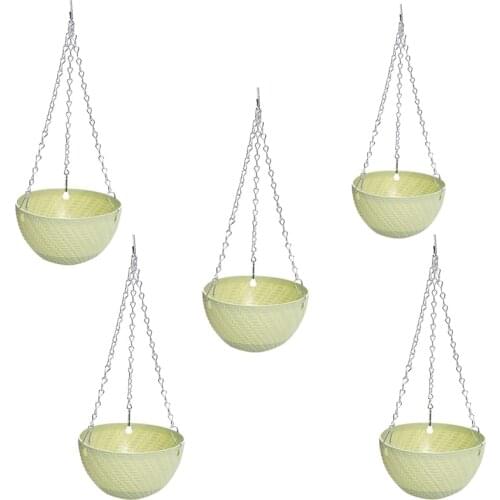 5Pcs Round Plastic Hanging Basket Flower Pot 16X10cm Garden Plant Chain Planter Decoration(Green)