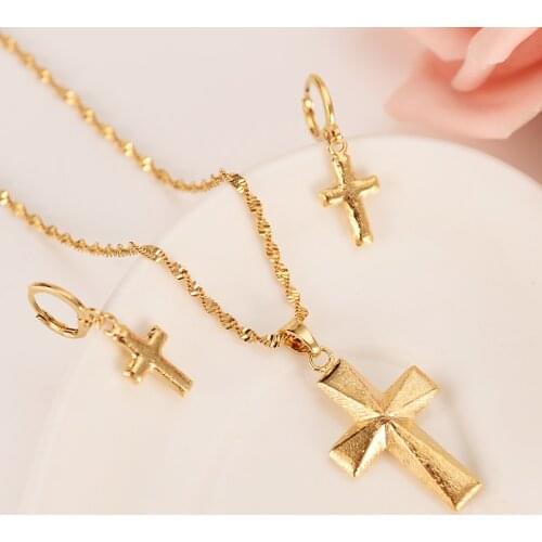Small cross Necklace & Earrings Set Gold Color Catholic Religious Jewelry Set Christmas Gift For Women