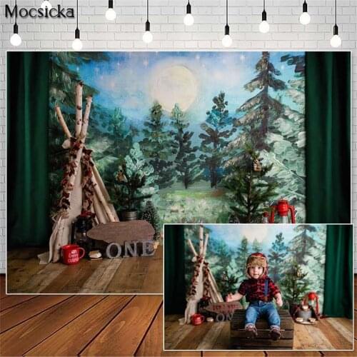 Mocsicka Safari Camping Cake Smash Oil Painting Photography Backdrops Children 1st Birthday Photo Props Studio Booth Background