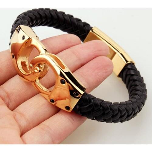 Gold Color Handcuff Leather Bracelets For Men Fashion Stainless Steel 22CM Cheap Braided Leather Bracelets Jewelry