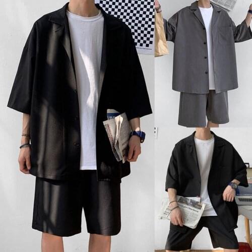 JK Suit Solid Color Loose Design Two Pieces Trendy Men Coat Shorts Suit for Daily Life Male suit jackets Dress suit jacket