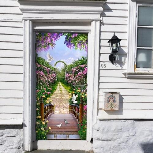 Stickers Door Decoration Flower 3D Wallpaper Sticker Waterproof Door Wallpaper Kitchen Bedroom Door Decoration Stickers 2021 New