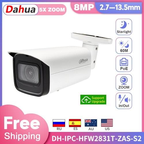 Dahua Original IP Camera 8MP 4K CCTV HFW2831T-ZAS-S2 5X Zoom Security Camera Starlight POE SD Card Audio Alarm H.265+ 60M IR IVS
