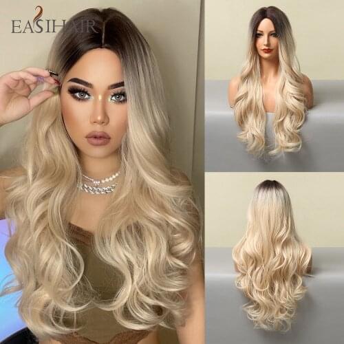 EASIHAIR Long Ombre Brown Light Blonde Wavy Synthetic Wigs Middle Part Cosplay Party Daily Heat Resistant Hair Wigs for Women