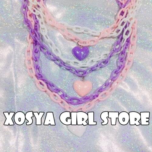 Pink Kpop Acrylic Chain Necklace for Women Love Double Deck Punk Pendants and Necklaces Gothic Jewelry Chains and Necklaces Goth