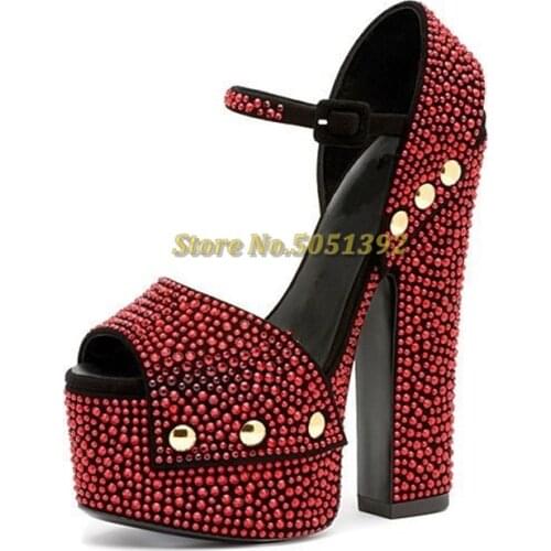 Crystal Platform Peep Toe Sandals Block Heel Ankle Strap Cover Heel Red Gold Black Shiny Shoes For Pole Dance Night Club Sandals