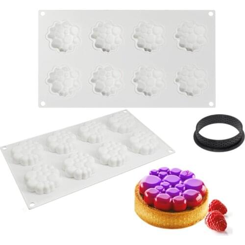 Silicone French Mousse Cake Molds 3D Bakeware DIY Mould, Plastic Round Crispy Tool, 8 Holes Bubble Shape
