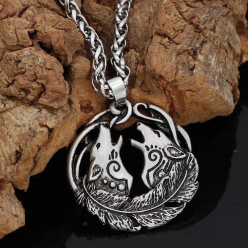 Nordic Viking Norse odin wolf Geri and Freki mulet pendant necklace valknut gift bag