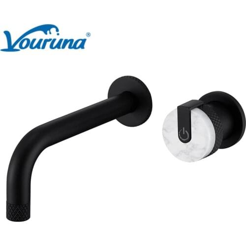 VOURUNA Contemporary Matte Black Two Holes Basin Faucet Wall Mounted Bathroom Mixer Tap with Rough in Valve