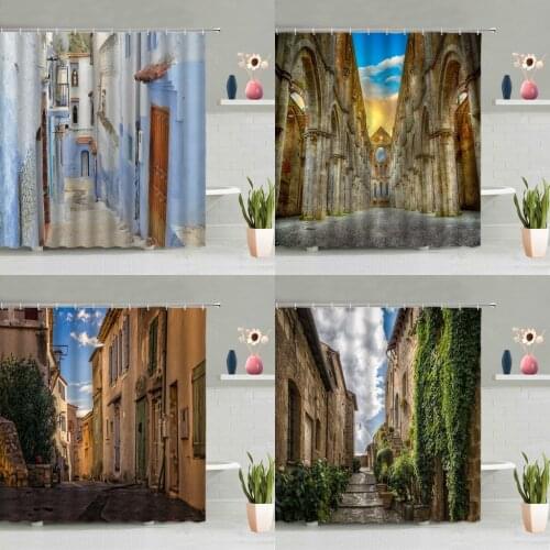 European Style Street Shower Curtain Retro Doors Natural Scenery Window Bathroom Bathing Curtains Washable With Hooks Home Decor
