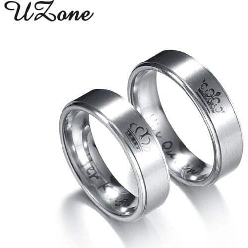 Uzone Charms King Queen Couples Ring Stainless Steel Letter Crown Rings For Lovers Wedding Gift