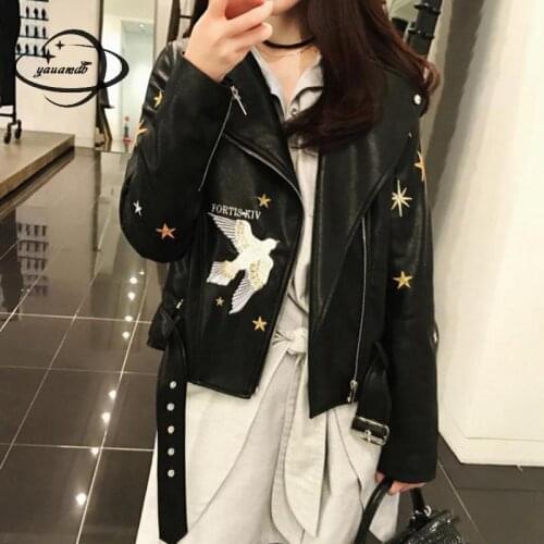 Yauamdb Women Faux Leather Jacket Spring Autumn S-xl Female Coat Embroidery Clothing Zipper Ladies Motorcycle Slim Outerwear 139