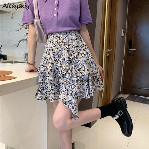 Skirts Women Floral Trendy Summer Ruffles Simple Chiffon Elegant Students A-line Mini Empire Female All-match Clothing Panelled