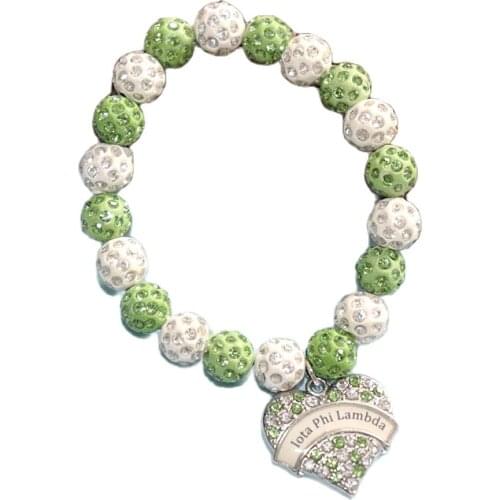 Green White Crystal Ball Beaded Greek Letter Heart Sticker Iota Phi Lambda Bracelets For Woman