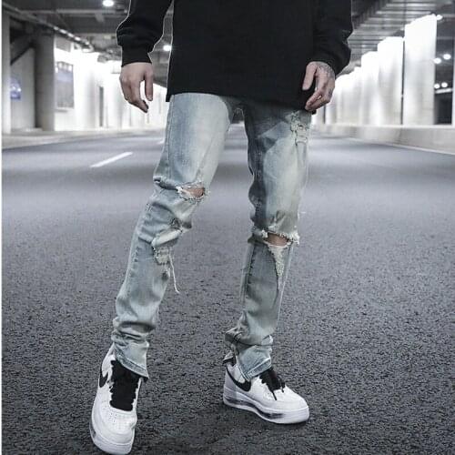 High Street Geomantic Wash Damage Slim Fit Stretch Jeans Motorcycle Pants National Fashion Hole Zipper Leggings For Men Women