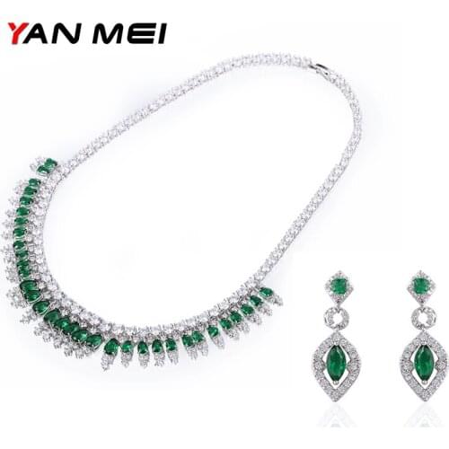 YAN MEI Women Green Stone Exquisite Charm Geometric Cubic Zirconia Jewelry Sets Engagement Gift GLE5393Y