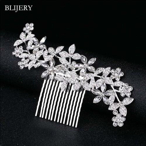 BLIJERY Large Silver Color Crystal Flower Wedding Hair Combs For Brides Women Long Bridal Headpiece Hair Jewelry Accessories