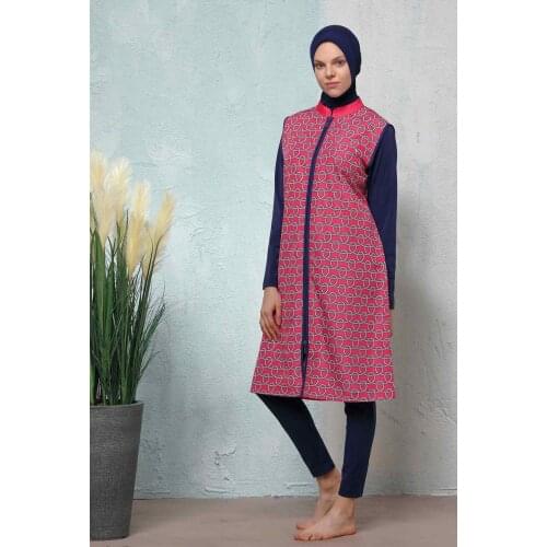 Women Hasema Hijab Modest Muslim Swimwear Rope Pattern Coif Torsolette Tights Swimsuit Long-Sleeve Full Cover Sea Pool Pink