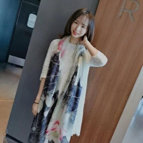 Top Grade Ladies 100% Ring Cashmere Long Scarves Wraps Printed Chinese Style Lotus Design Brand Women Grey Pink Scarves Shawls