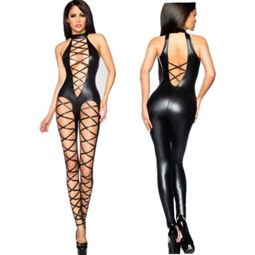Women Pvc Catsuit Sexy Black Bandage Catsuit Hollow out PU Leather Bodysuit Sexy Club Wear Hot Erotic Pole Dance Costumes M7289