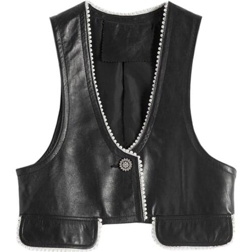 Sheepskin leather vest womens V-neck sleeveless leather jacket 2020 short paragraph Small fragrance vest pearl waistcoat